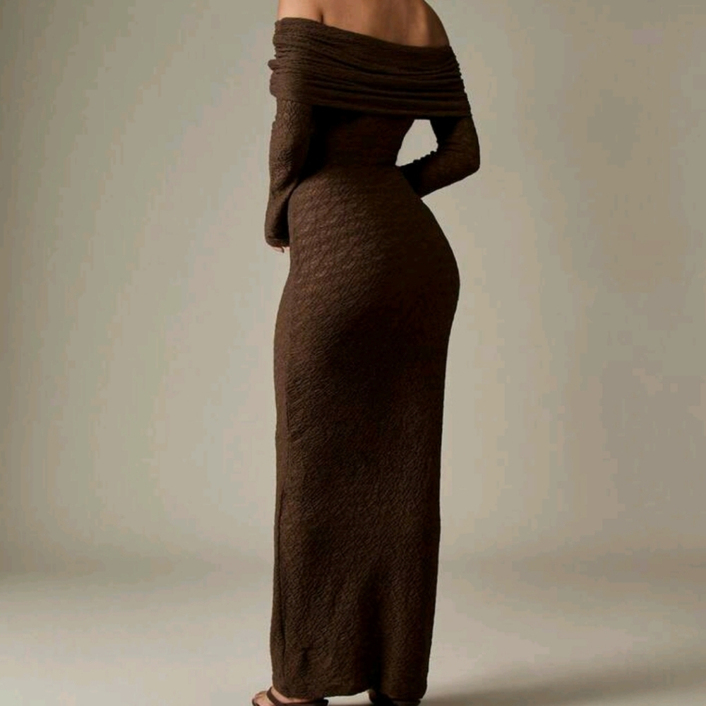 Off Shoulder Ruched Bodycon Evening Gown Long Sleeve Textured Knit Fall Dress - Picture 2 of 5
